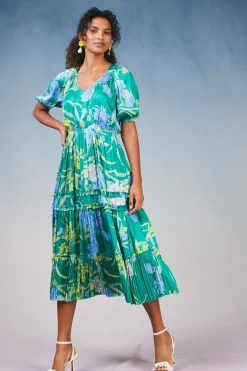 Midi Dresses-Current Air Hana Botanical Midi Dress GREENFLORAL