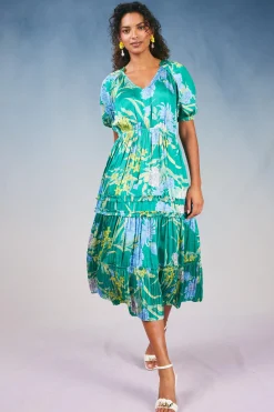 Midi Dresses-Current Air Hana Botanical Midi Dress GREENFLORAL