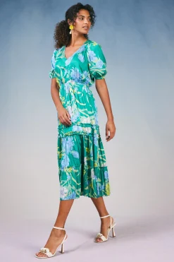 Midi Dresses-Current Air Hana Botanical Midi Dress GREENFLORAL