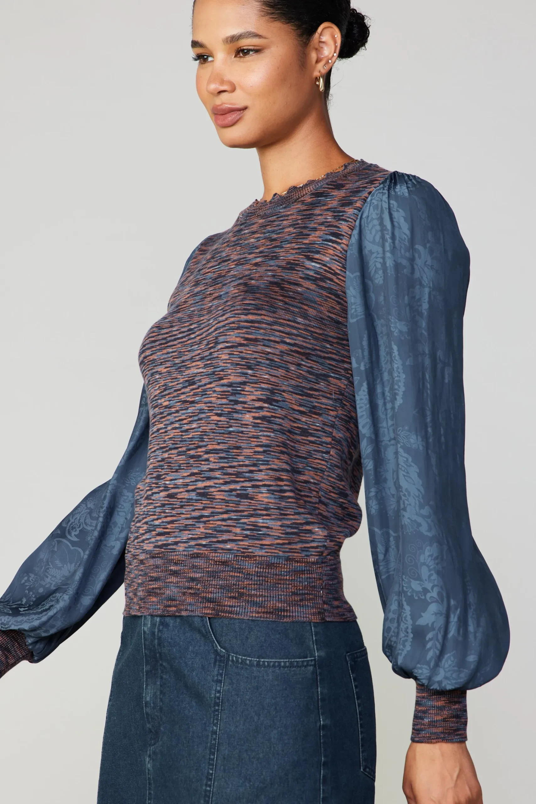 Long Sleeve Tops|Sweaters-Current Air Heather Contrast Sweater Top NAVY