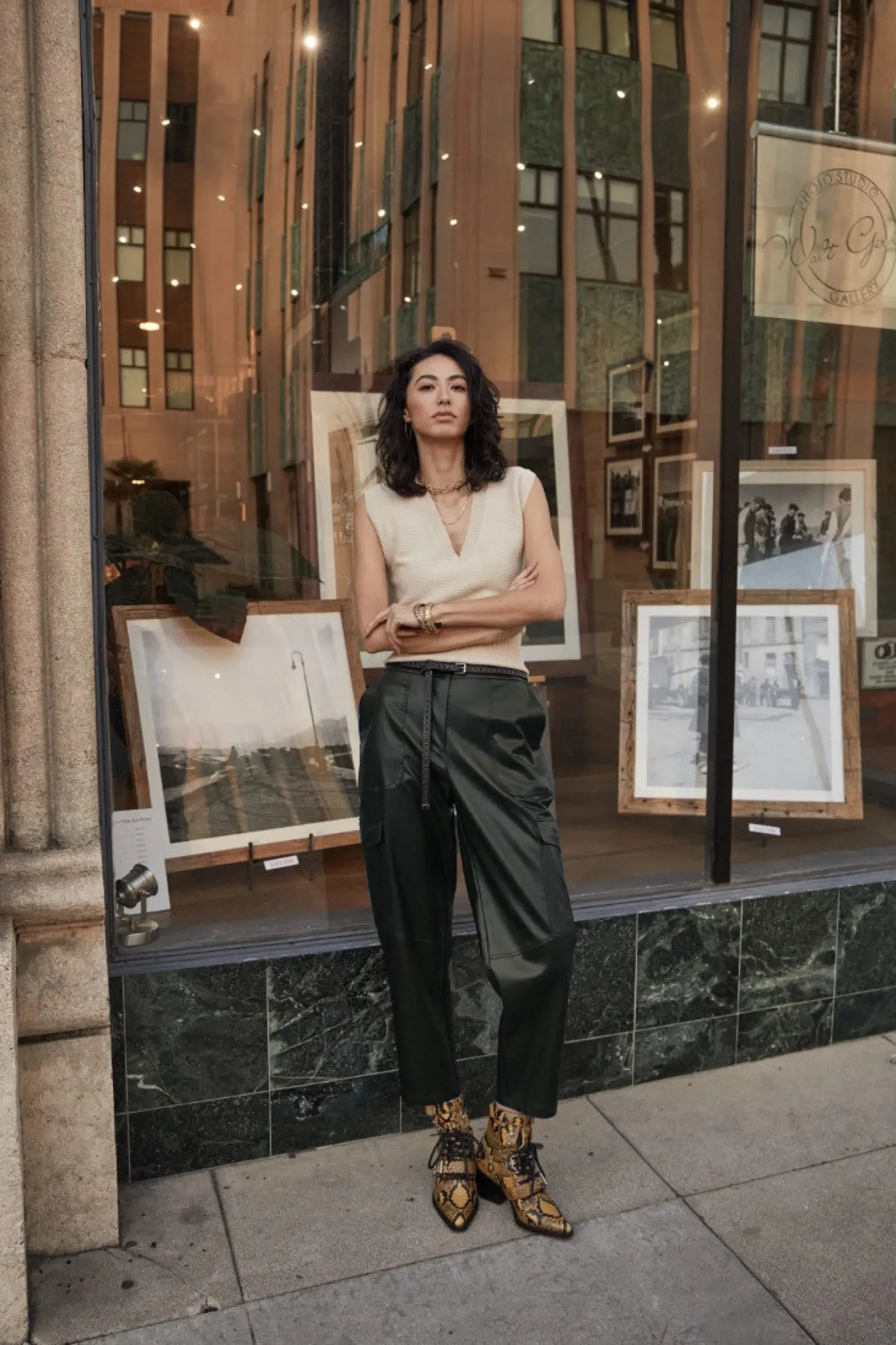 Pants-Current Air High Rise Leather Trousers DARKGREEN