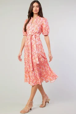 Midi Dresses-Current Air Ilana Pleated Midi Dress REDMLT