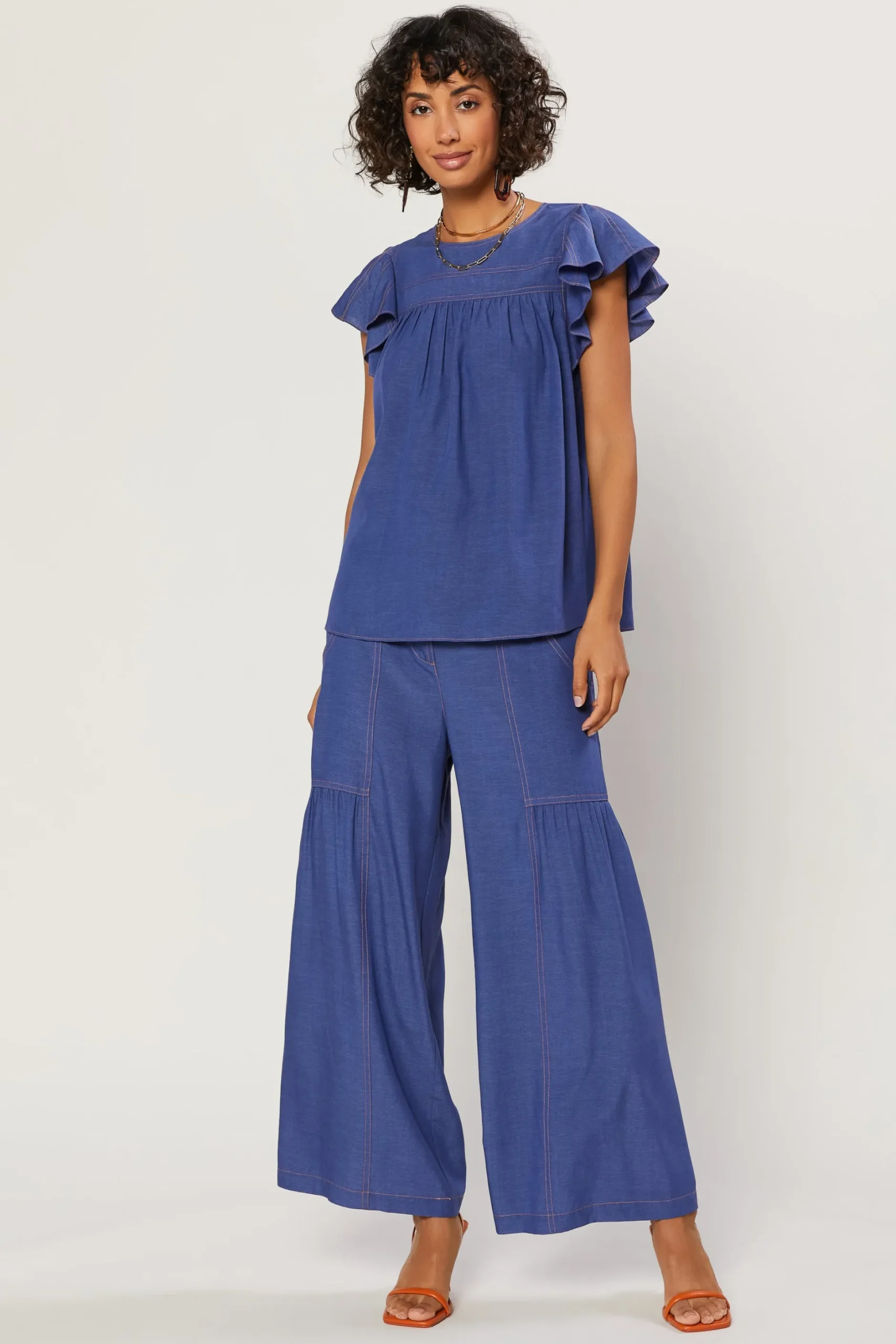 Short Sleeve Tops-Current Air Indigo Ruffled Sleeve Top DENIMBLUE