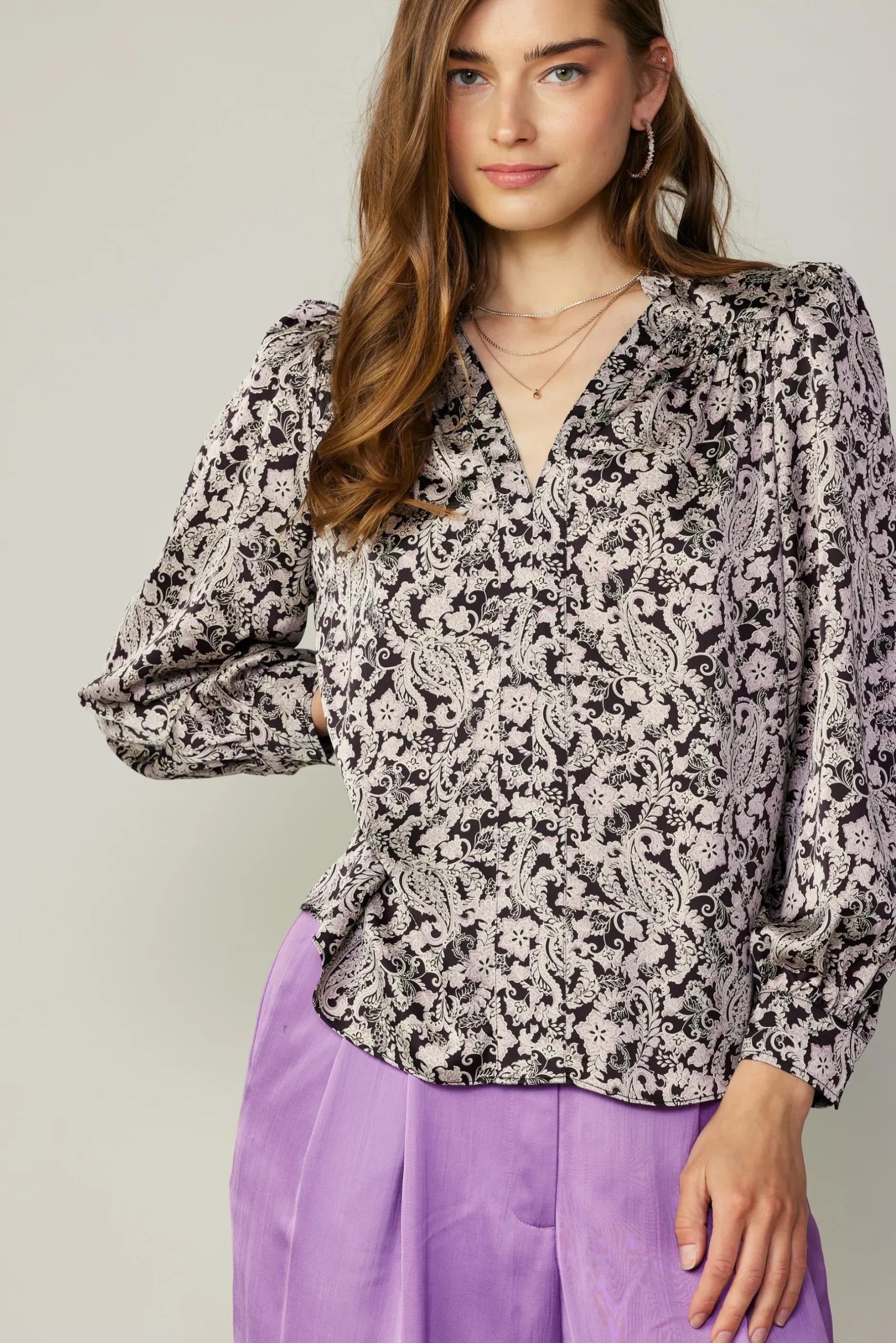 Long Sleeve Tops-Current Air Jacquard Paisley Blouse BLACK