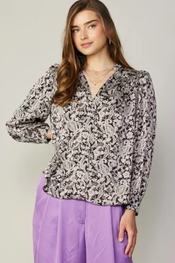 Long Sleeve Tops-Current Air Jacquard Paisley Blouse BLACK