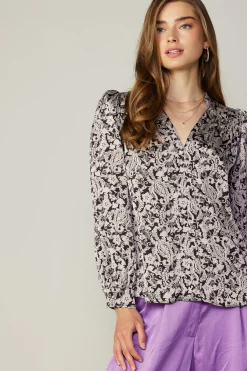 Long Sleeve Tops-Current Air Jacquard Paisley Blouse BLACK