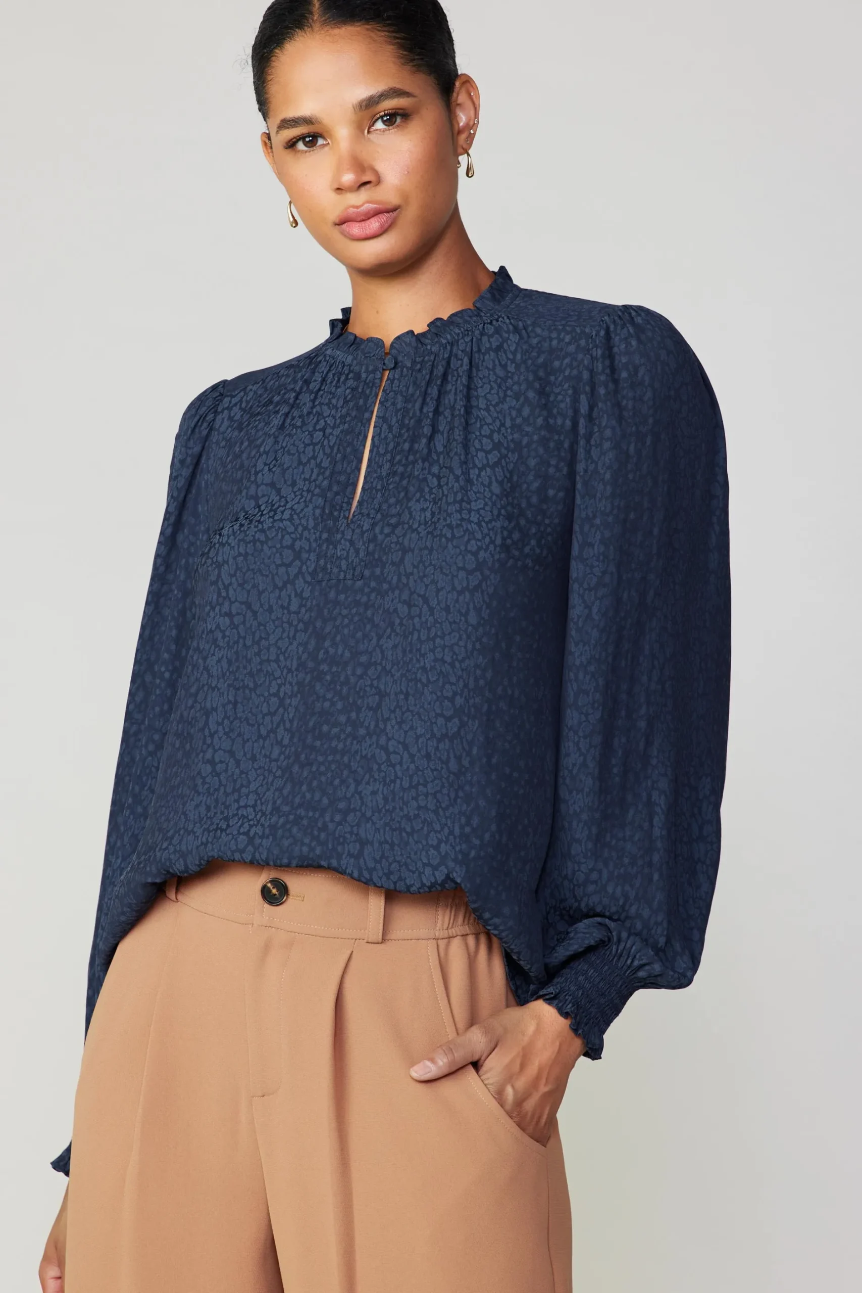 Long Sleeve Tops-Current Air Jacquard Ruffled Neck Blouse NAVY