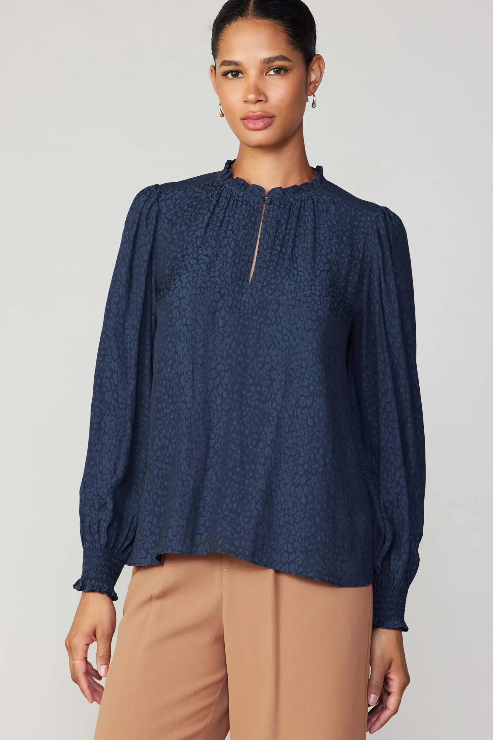 Long Sleeve Tops-Current Air Jacquard Ruffled Neck Blouse NAVY