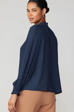 Long Sleeve Tops-Current Air Jacquard Ruffled Neck Blouse NAVY