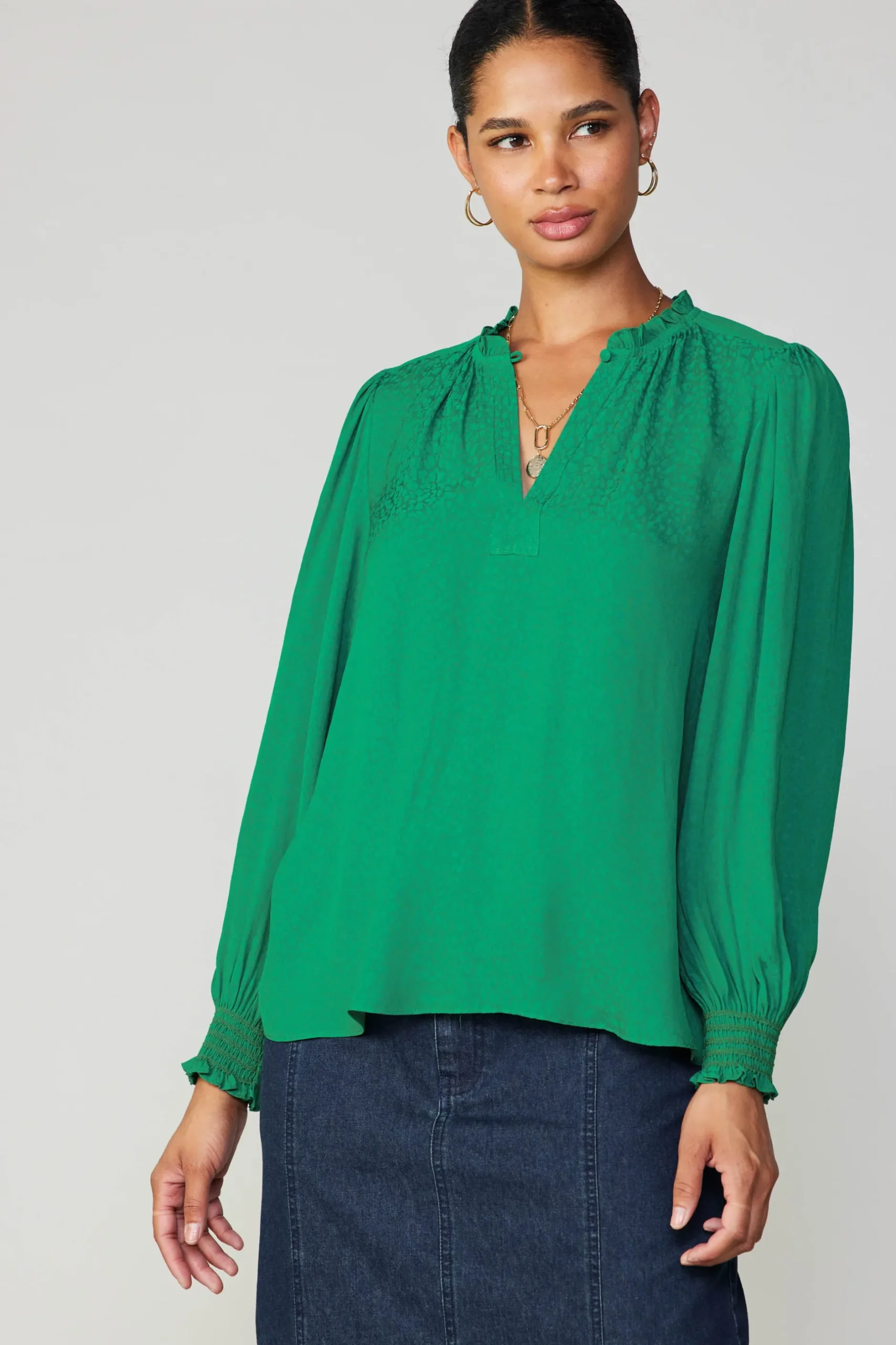 Long Sleeve Tops-Current Air Jacquard Ruffled Neck Blouse GREEN