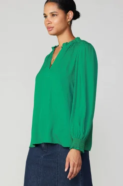 Long Sleeve Tops-Current Air Jacquard Ruffled Neck Blouse GREEN