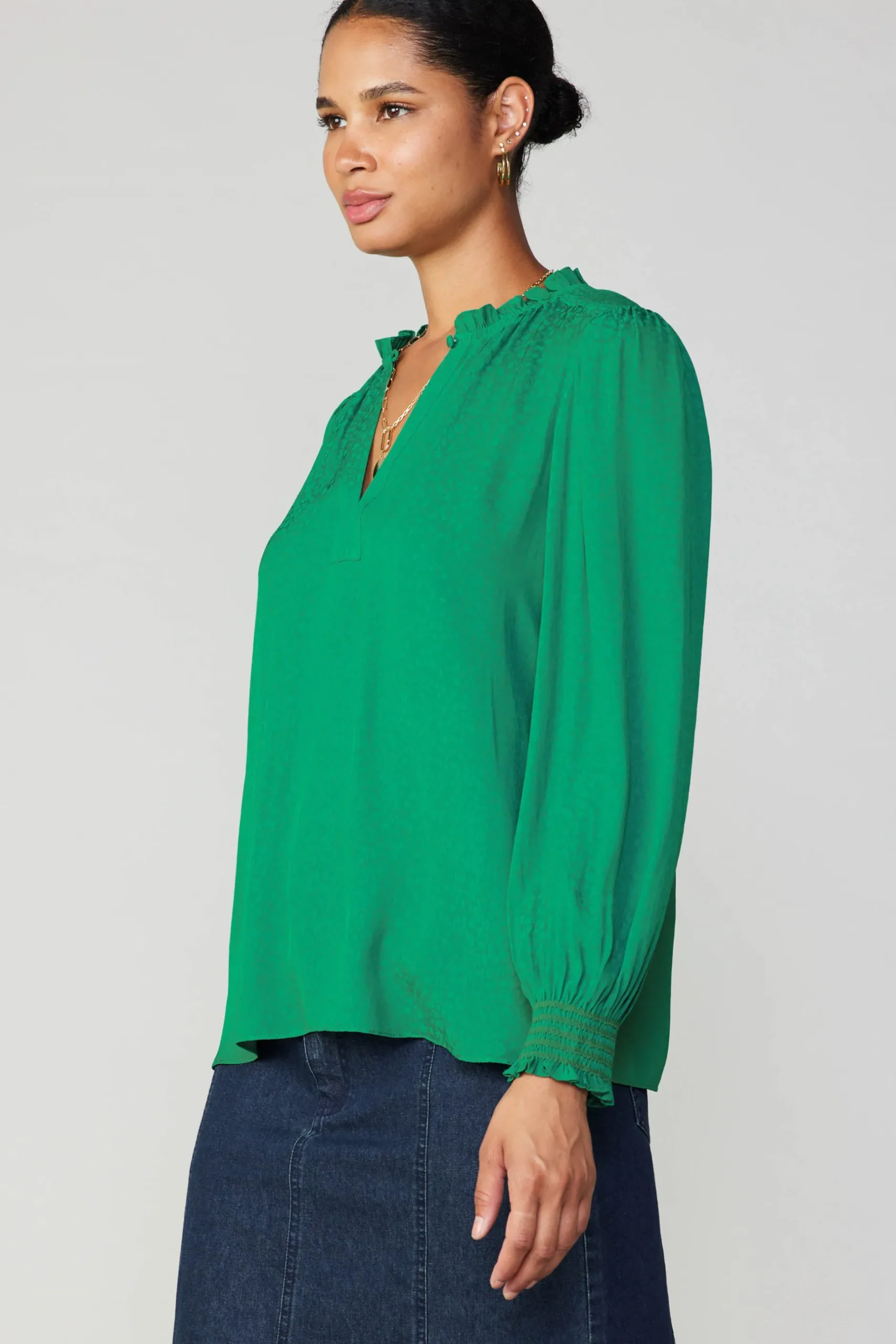 Long Sleeve Tops-Current Air Jacquard Ruffled Neck Blouse GREEN