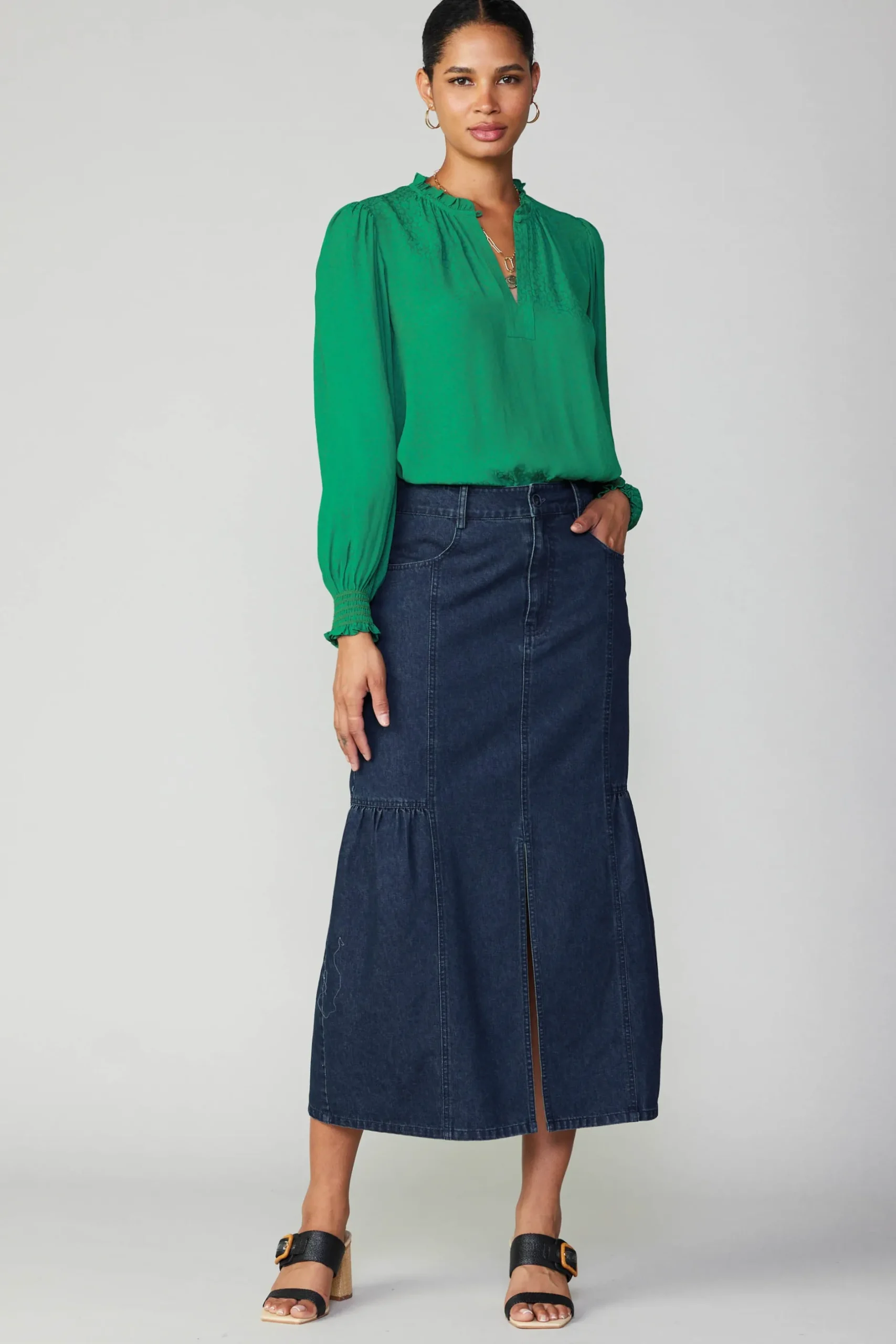 Long Sleeve Tops-Current Air Jacquard Ruffled Neck Blouse GREEN