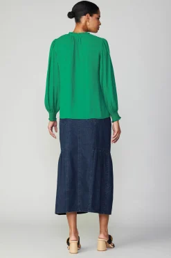 Long Sleeve Tops-Current Air Jacquard Ruffled Neck Blouse GREEN