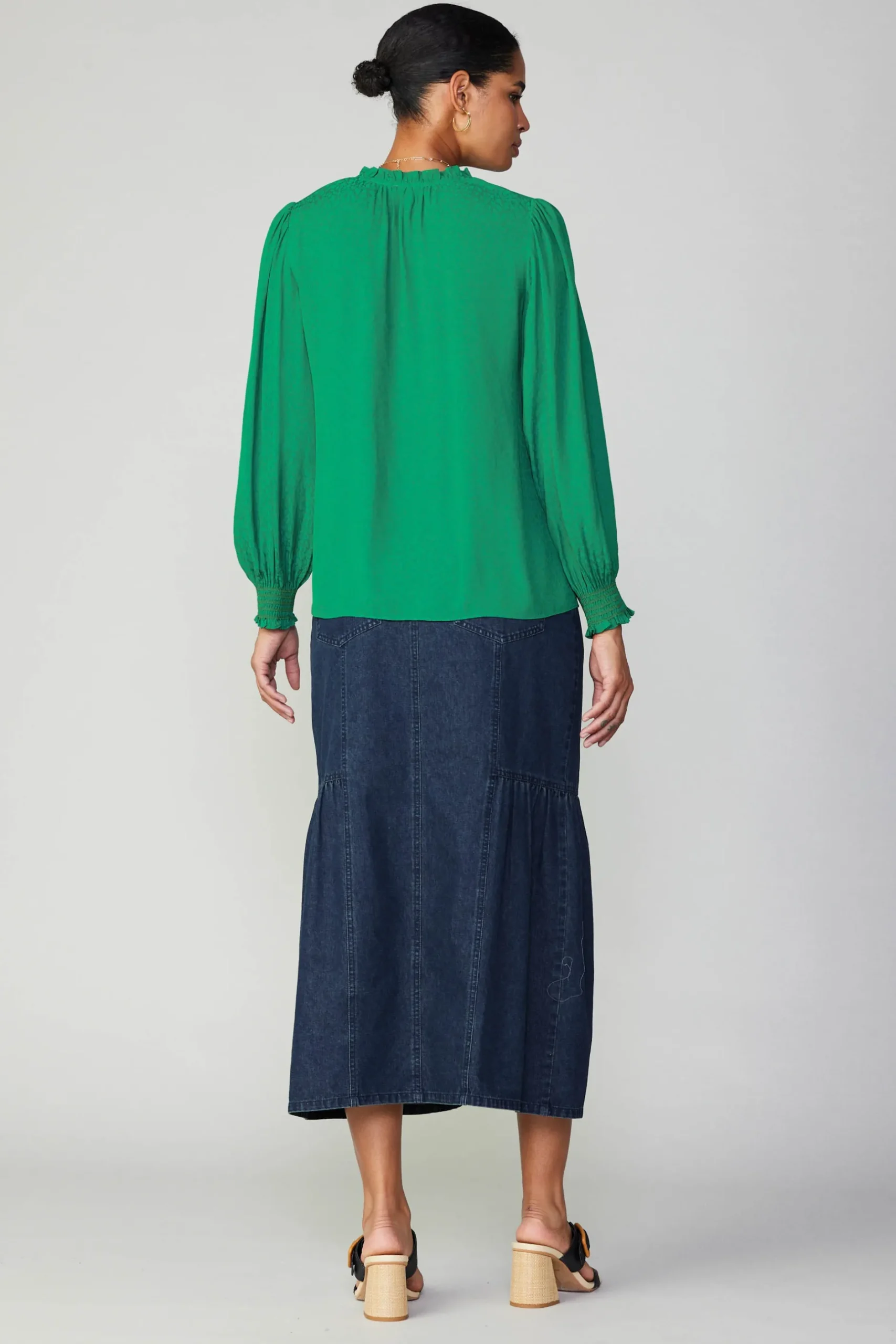 Long Sleeve Tops-Current Air Jacquard Ruffled Neck Blouse GREEN