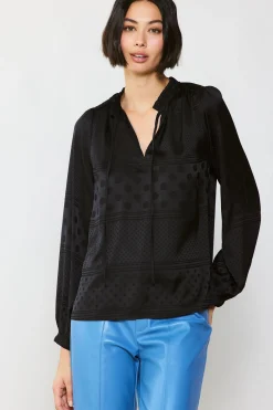 Long Sleeve Tops-Current Air Jacquard Split Neck Blouse BLACK