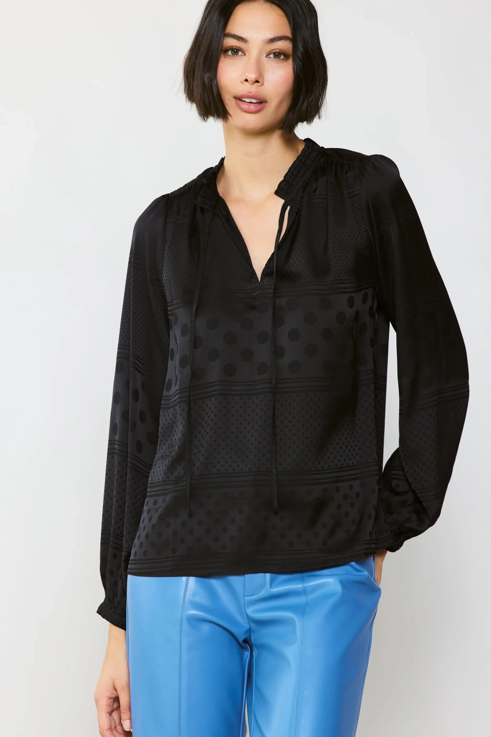 Long Sleeve Tops-Current Air Jacquard Split Neck Blouse BLACK