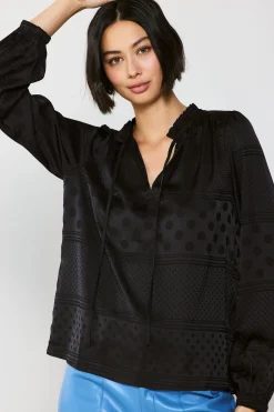 Long Sleeve Tops-Current Air Jacquard Split Neck Blouse BLACK