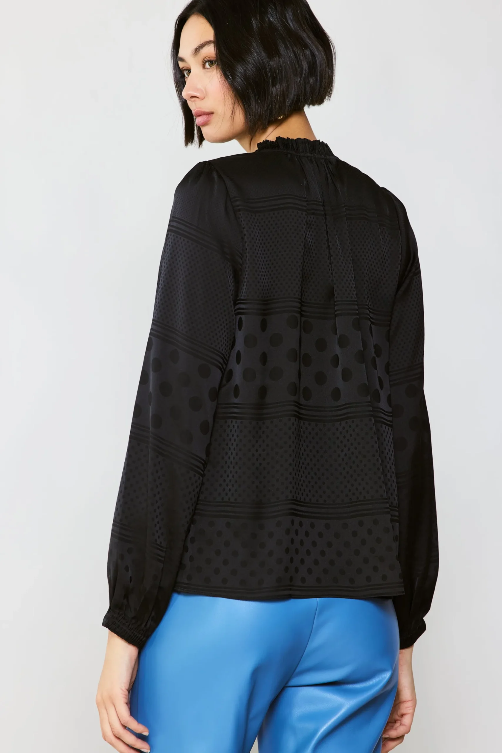 Long Sleeve Tops-Current Air Jacquard Split Neck Blouse BLACK