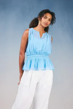 Sleeveless Tops-Current Air Keyhole Organza Top PASTELBLUE