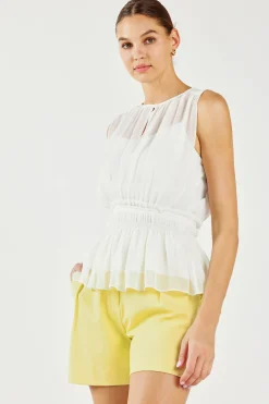 Sleeveless Tops-Current Air Keyhole Organza Top WHITE