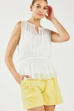 Sleeveless Tops-Current Air Keyhole Organza Top WHITE