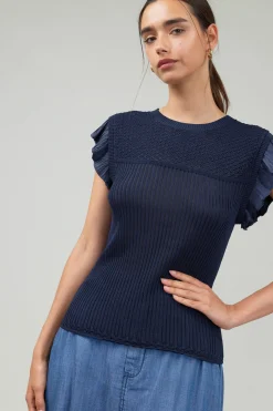 Knitwear-Current Air Knit Crewneck Ruffled Tank NAVY