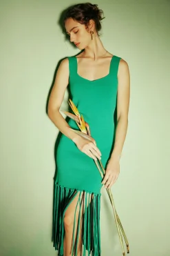 Knitwear|Midi Dresses-Current Air Knit Fringe Hem Dress AQUAGREEN