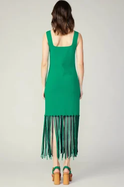 Knitwear|Midi Dresses-Current Air Knit Fringe Hem Dress AQUAGREEN