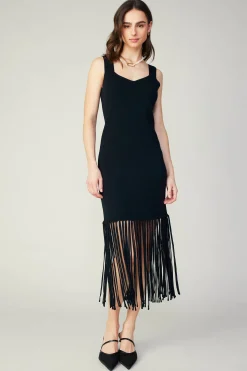 Knitwear|Midi Dresses-Current Air Knit Fringe Hem Dress BLACK