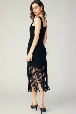 Knitwear|Midi Dresses-Current Air Knit Fringe Hem Dress BLACK