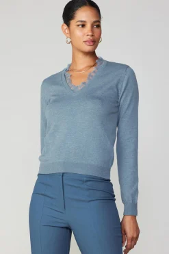 Long Sleeve Tops|Sweaters-Current Air Lace Collar Sweater Top DUSTYBLUE