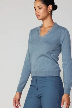 Long Sleeve Tops|Sweaters-Current Air Lace Collar Sweater Top DUSTYBLUE