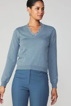 Long Sleeve Tops|Sweaters-Current Air Lace Collar Sweater Top DUSTYBLUE