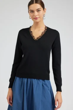 Knitwear|Sweaters-Current Air Lace Detail Sweater Top BLACK