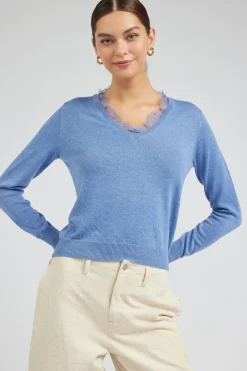 Knitwear|Sweaters-Current Air Lace Detail Sweater Top SOFTBLUE