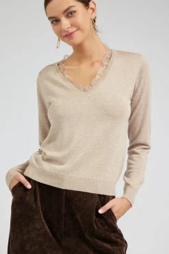Knitwear|Sweaters-Current Air Lace Detail Sweater Top OATMEAL