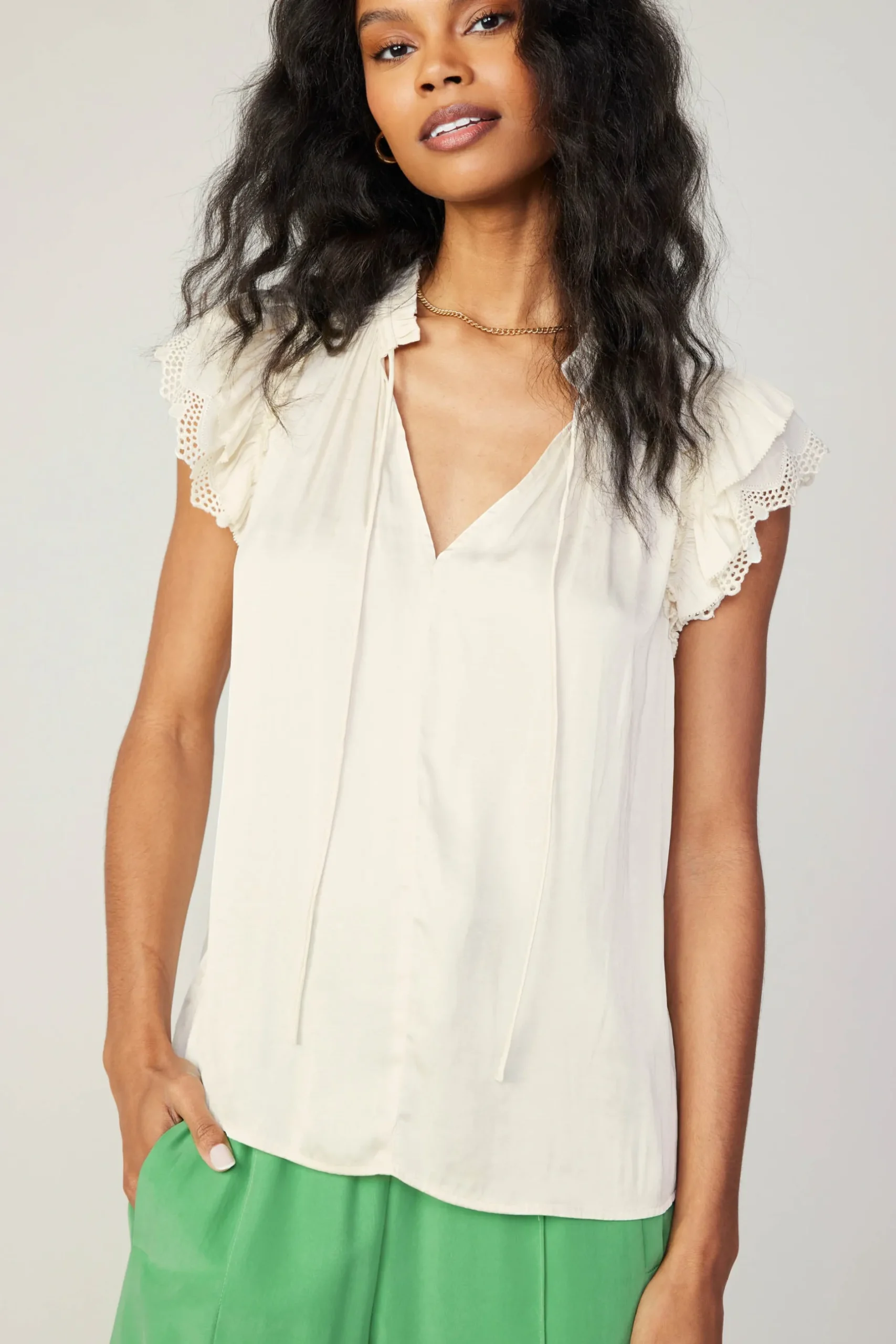 Short Sleeve Tops-Current Air Lace Flutter Sleeve Blouse CREAM