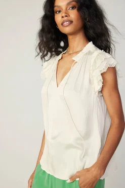 Short Sleeve Tops-Current Air Lace Flutter Sleeve Blouse CREAM