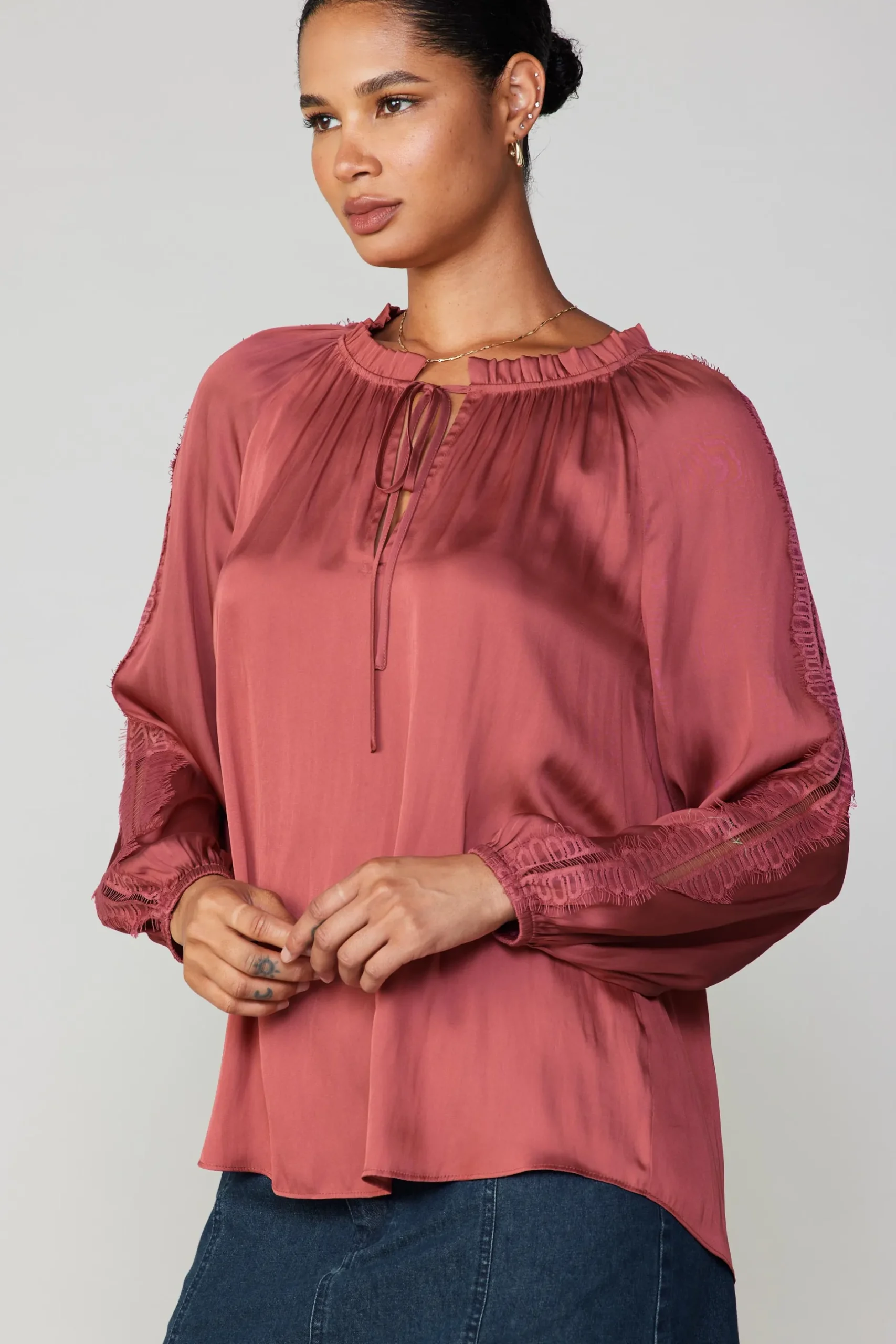 Long Sleeve Tops-Current Air Lace Panel Blouse ROUGE