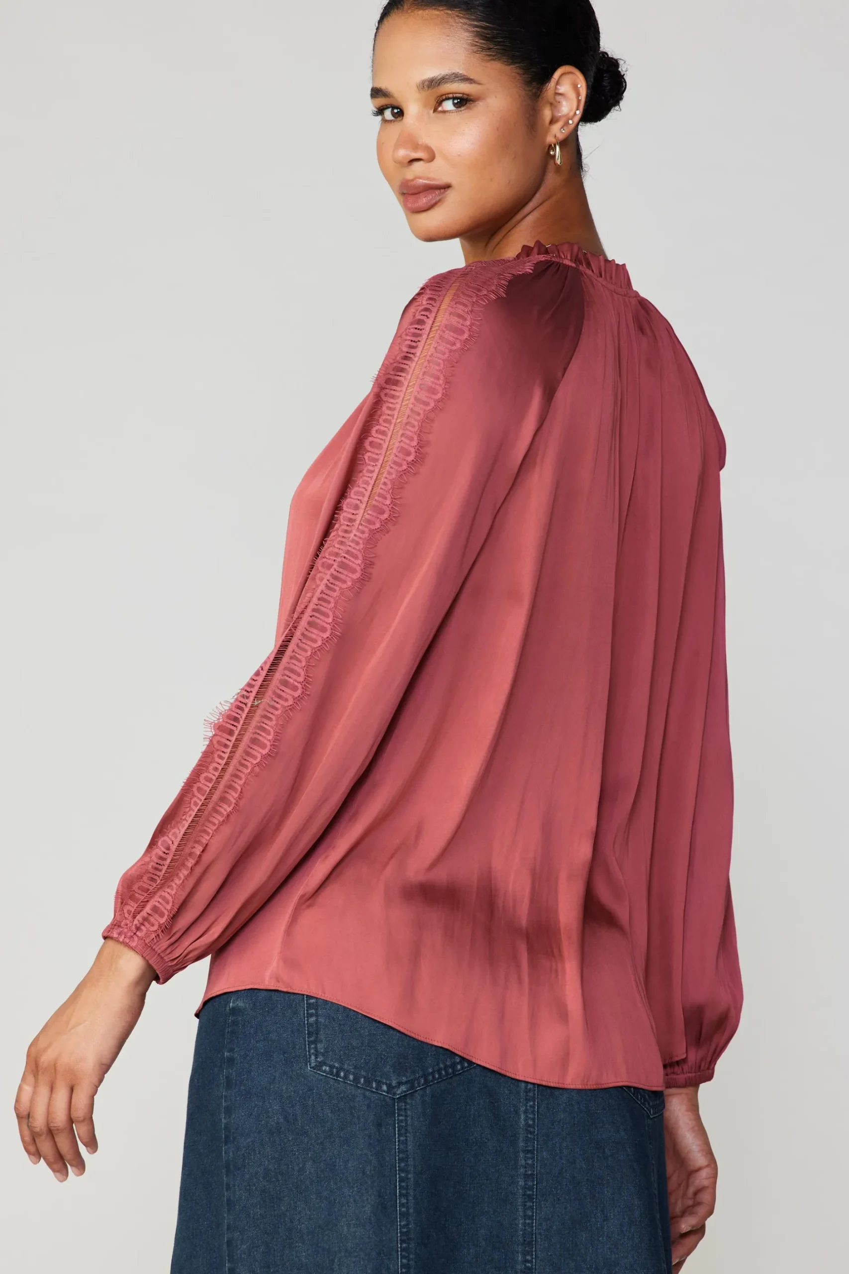Long Sleeve Tops-Current Air Lace Panel Blouse ROUGE
