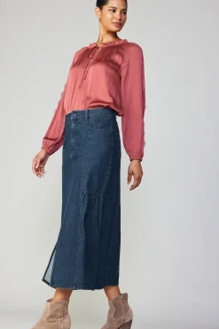 Long Sleeve Tops-Current Air Lace Panel Blouse ROUGE