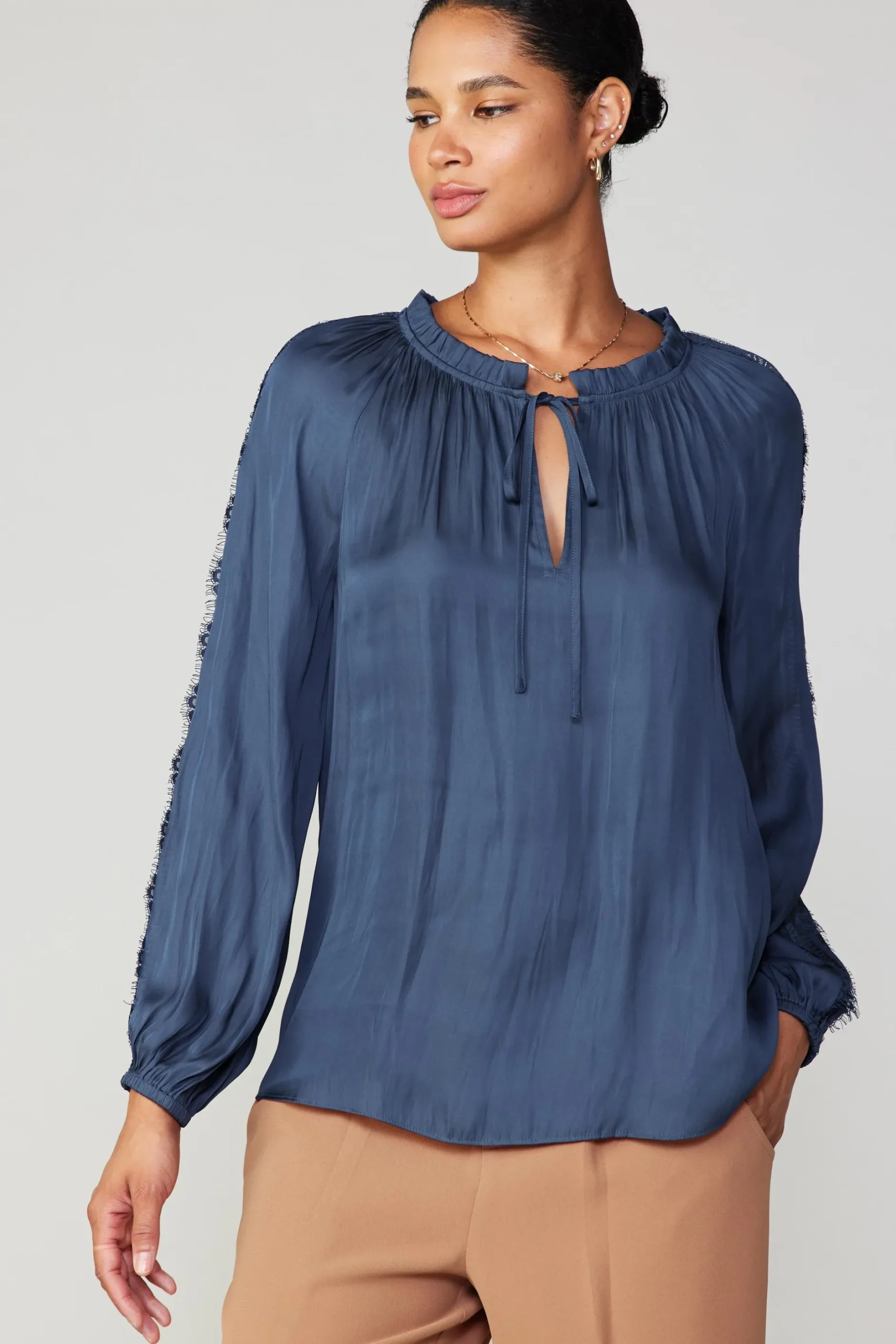 Long Sleeve Tops-Current Air Lace Panel Blouse NAVY
