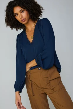 Long Sleeve Tops-Current Air Lace Trim Blouse NAVY