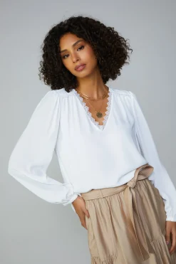 Long Sleeve Tops-Current Air Lace Trim Blouse WHITE