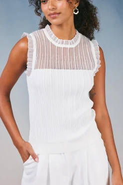 Knitwear|Sleeveless Tops-Current Air Lace Yoke Top WHITE