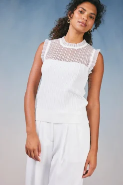 Knitwear|Sleeveless Tops-Current Air Lace Yoke Top WHITE