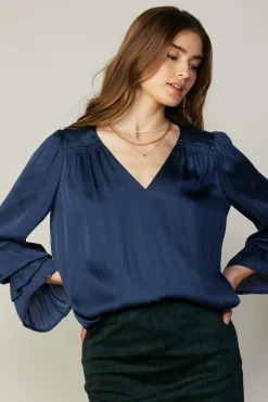 Long Sleeve Tops-Current Air Layered Cuff Blouse NAVY