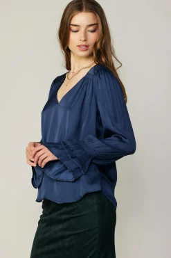 Long Sleeve Tops-Current Air Layered Cuff Blouse NAVY
