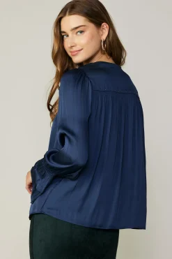 Long Sleeve Tops-Current Air Layered Cuff Blouse NAVY